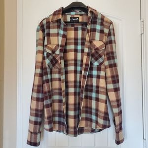 •Flannel plaid button down shirt for men•Colors: brown, tan, turquoise •Size M